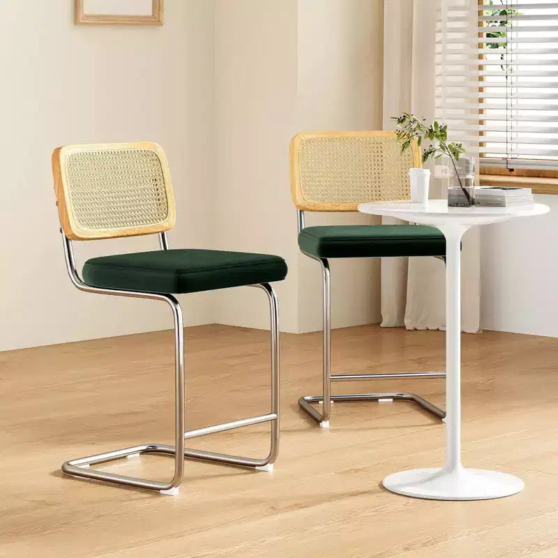 PexFix 2Pcs Counter Height Bar Stools Upholstered Velvet Barstools with Rattan Back 24 Stools Armless Bar Chairs for Kitchen Island Blackish Green