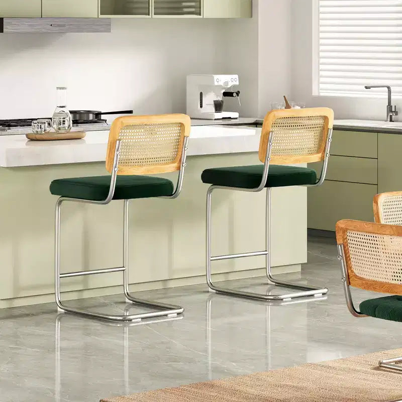 PexFix 2Pcs Counter Height Bar Stools Upholstered Velvet Barstools with Rattan Back 24 Stools Armless Bar Chairs for Kitchen Island Blackish Green