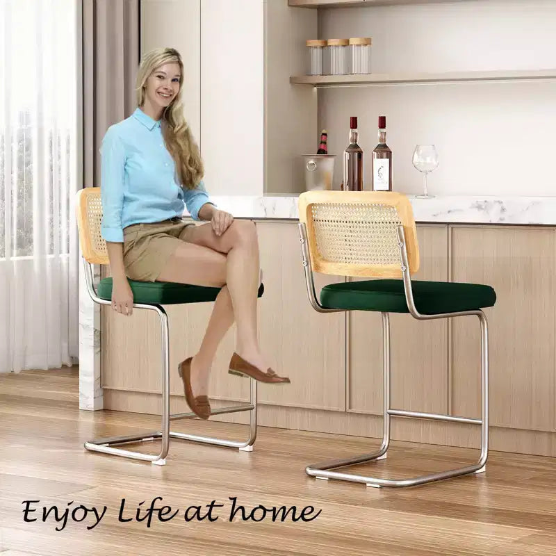 PexFix 2Pcs Counter Height Bar Stools Upholstered Velvet Barstools with Rattan Back 24 Stools Armless Bar Chairs for Kitchen Island Blackish Green