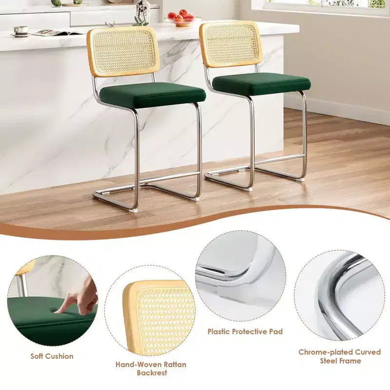 PexFix 2Pcs Counter Height Bar Stools Upholstered Velvet Barstools with Rattan Back 24 Stools Armless Bar Chairs for Kitchen Island Blackish Green