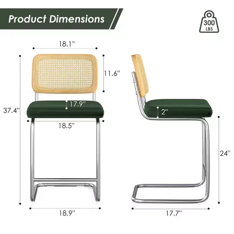 PexFix 2Pcs Counter Height Bar Stools Upholstered Velvet Barstools with Rattan Back 24 Stools Armless Bar Chairs for Kitchen Island Blackish Green