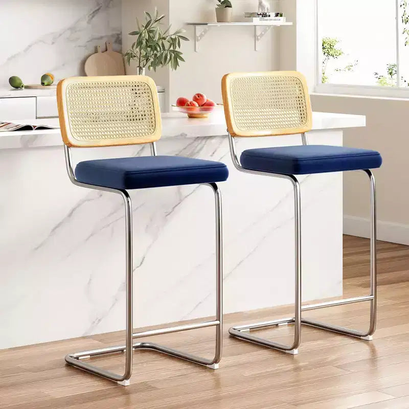 PexFix 2Pcs Counter Height Bar Stools Upholstered Velvet Barstools with Rattan Back 30 Height Stools Armless Bar Chairs for Kitchen Island Blue