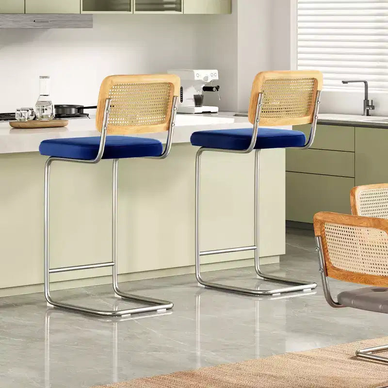 PexFix 2Pcs Counter Height Bar Stools Upholstered Velvet Barstools with Rattan Back 30 Height Stools Armless Bar Chairs for Kitchen Island Blue