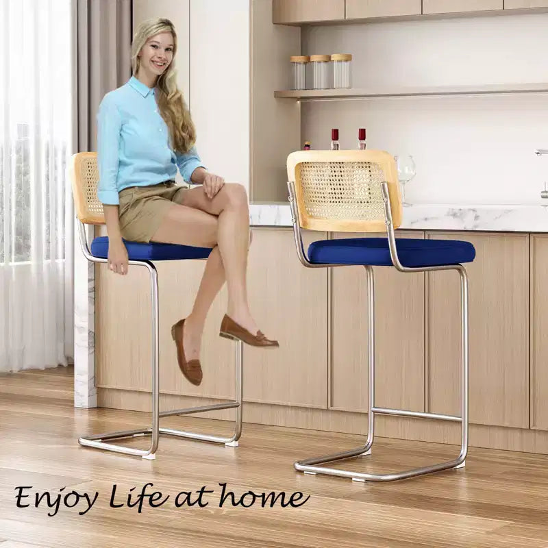 PexFix 2Pcs Counter Height Bar Stools Upholstered Velvet Barstools with Rattan Back 30 Height Stools Armless Bar Chairs for Kitchen Island Blue