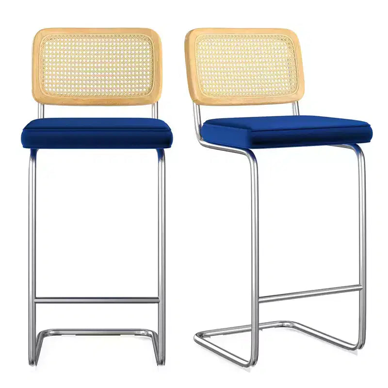 PexFix 2Pcs Counter Height Bar Stools Upholstered Velvet Barstools with Rattan Back 30 Height Stools Armless Bar Chairs for Kitchen Island Blue
