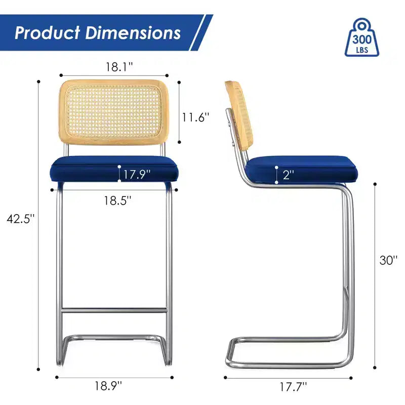 PexFix 2Pcs Counter Height Bar Stools Upholstered Velvet Barstools with Rattan Back 30 Height Stools Armless Bar Chairs for Kitchen Island Blue