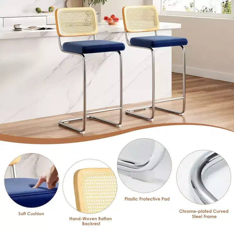 PexFix 2Pcs Counter Height Bar Stools Upholstered Velvet Barstools with Rattan Back 30 Height Stools Armless Bar Chairs for Kitchen Island Blue