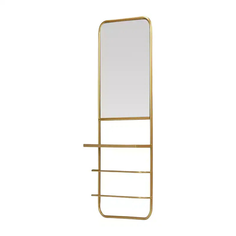 Storied Home Metal Framed Wall Mirror with Shelf and 2 Rods, Gold