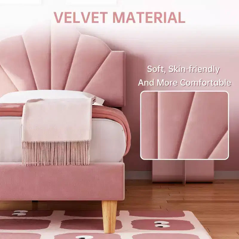 GustoWave Velvet Upholstered Twin Platform Bed Frame, with Height Adjustable Headboard
