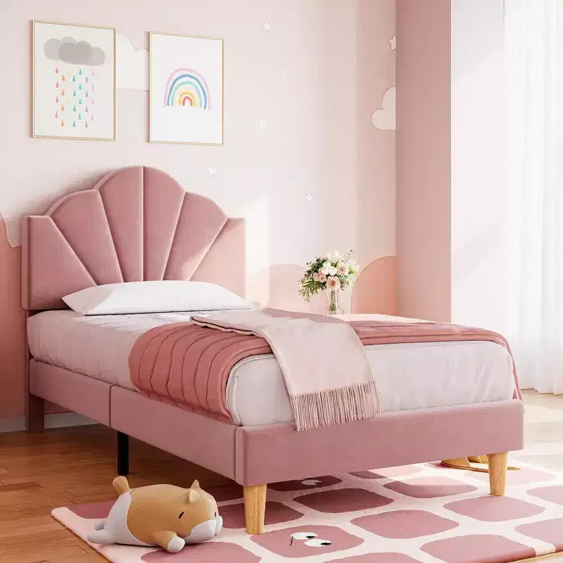 GustoWave Velvet Upholstered Twin Platform Bed Frame, with Height Adjustable Headboard