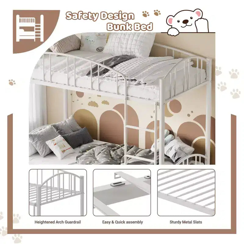 GustoWave Metal Bunk Bed Twin Over Twin, with Arched Guardrail and Safety Ladder