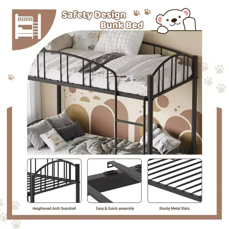 GustoWave Metal Bunk Bed Twin Over Twin, with Arched Guardrail and Safety Ladder