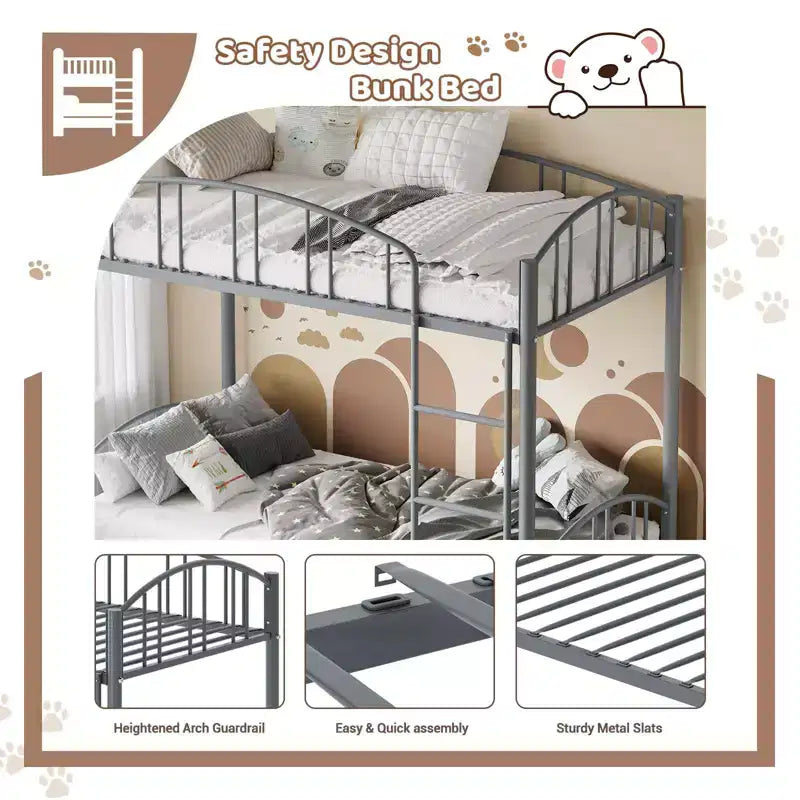 GustoWave Metal Bunk Bed Twin Over Twin, with Arched Guardrail and Safety Ladder
