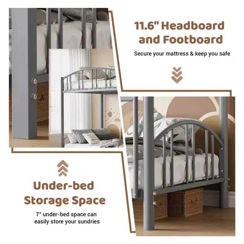 GustoWave Metal Bunk Bed Twin Over Twin, with Arched Guardrail and Safety Ladder