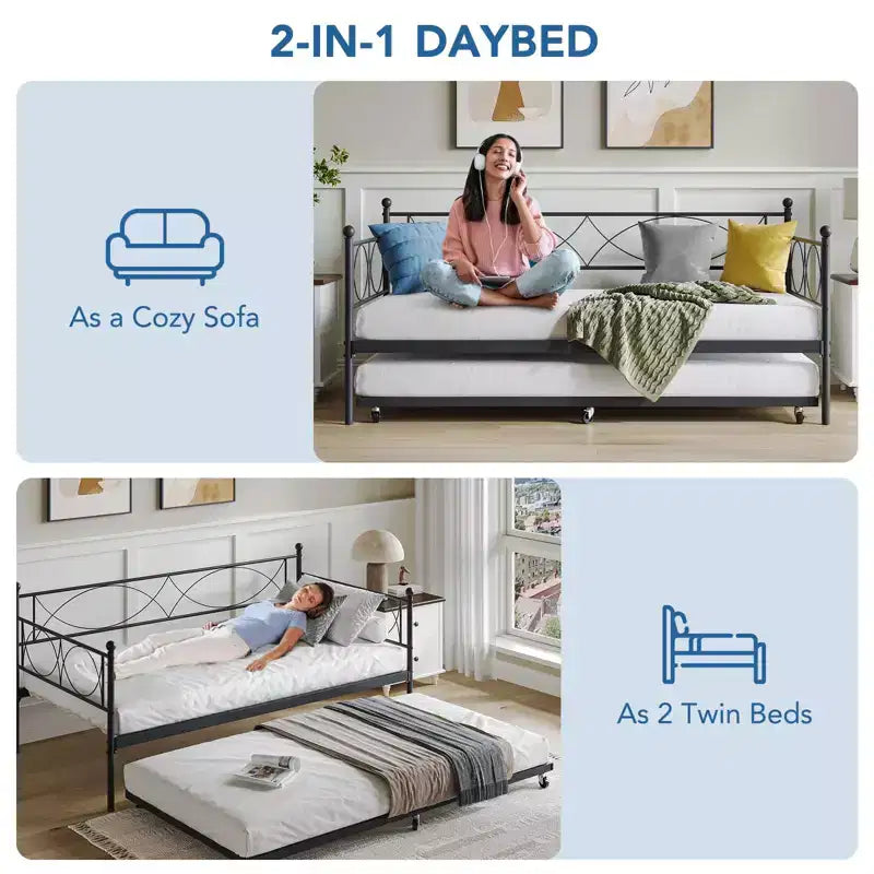 GustoWave Metal Day Bed Twin Trundle Bed Frame, with Premium Steel Slat Support