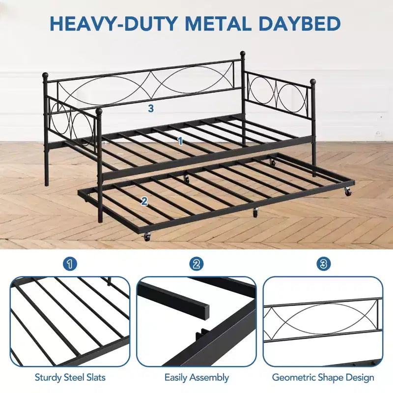 GustoWave Metal Day Bed Twin Trundle Bed Frame, with Premium Steel Slat Support