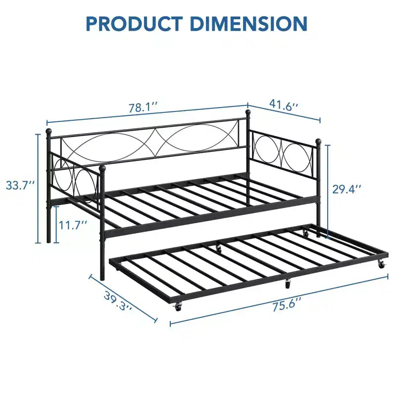 GustoWave Metal Day Bed Twin Trundle Bed Frame, with Premium Steel Slat Support