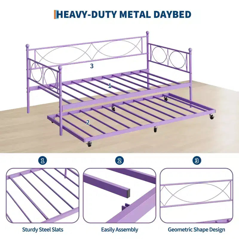 GustoWave Metal Day Bed Twin Trundle Bed Frame, with Premium Steel Slat Support