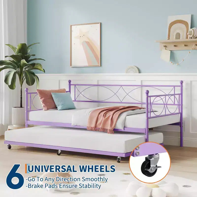 GustoWave Metal Day Bed Twin Trundle Bed Frame, with Premium Steel Slat Support