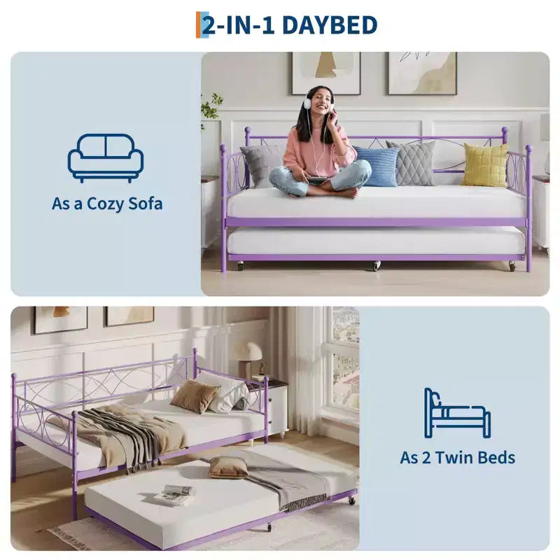 GustoWave Metal Day Bed Twin Trundle Bed Frame, with Premium Steel Slat Support