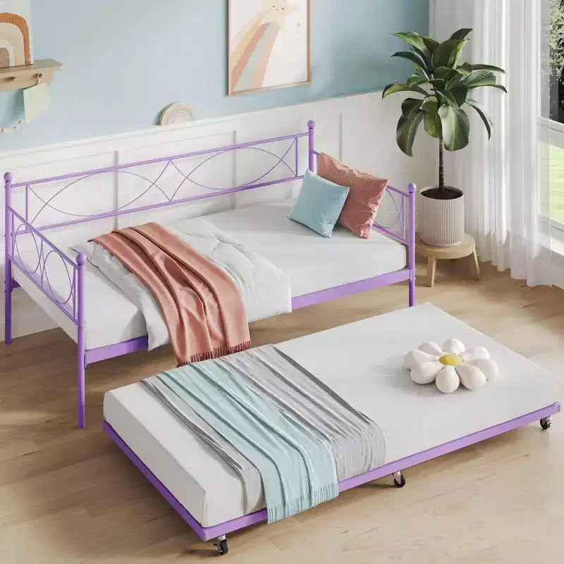 GustoWave Metal Day Bed Twin Trundle Bed Frame, with Premium Steel Slat Support