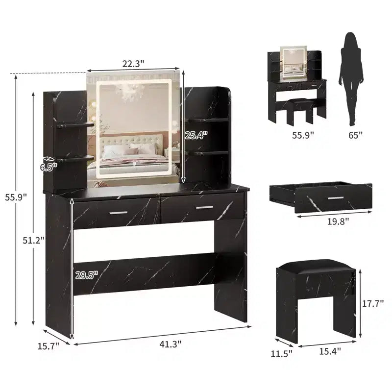 GustoWave Vanity Desk with Mirror and Lights, Makeup Vanity Set with Cushioned Stool, Power Outlet,6 Storage Shelves,2 Drawers