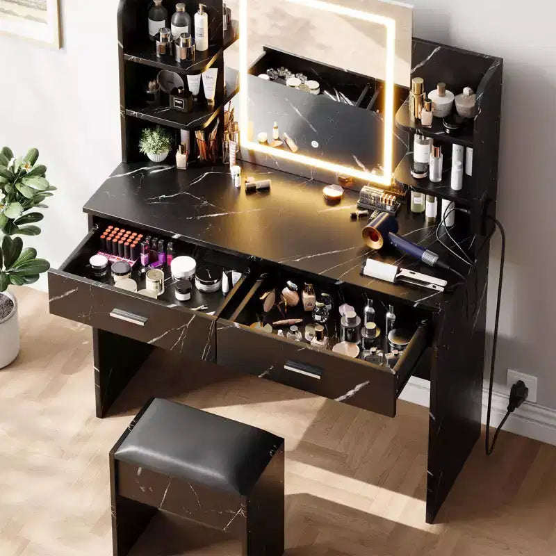 GustoWave Vanity Desk with Mirror and Lights, Makeup Vanity Set with Cushioned Stool, Power Outlet,6 Storage Shelves,2 Drawers