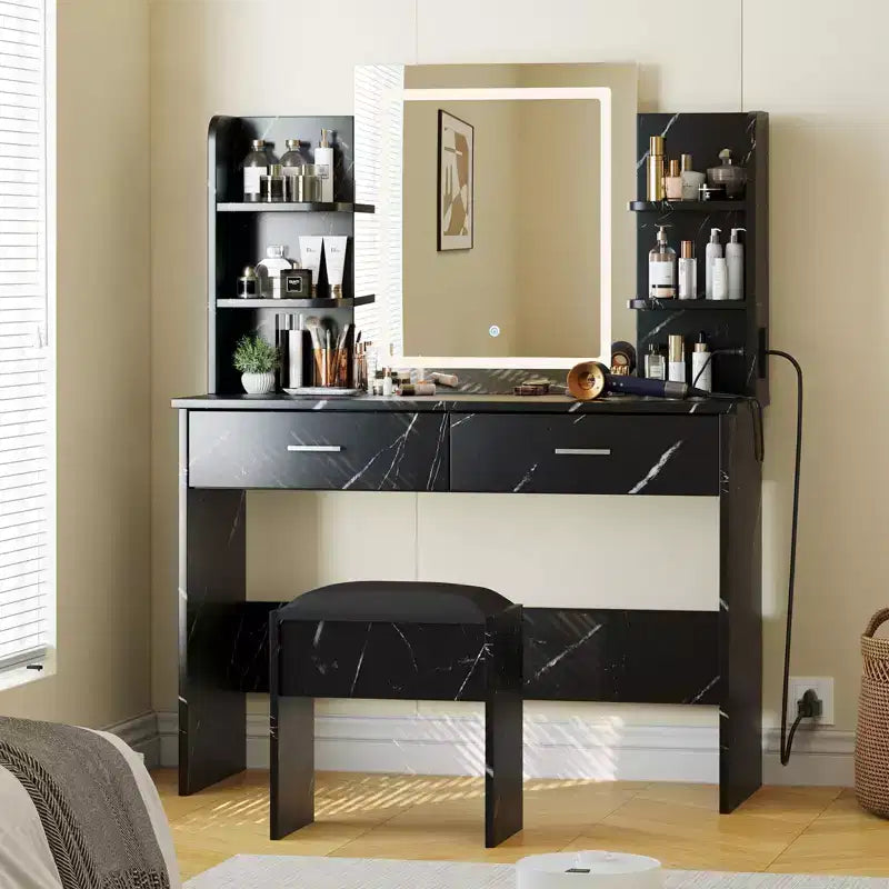 GustoWave Vanity Desk with Mirror and Lights, Makeup Vanity Set with Cushioned Stool, Power Outlet,6 Storage Shelves,2 Drawers