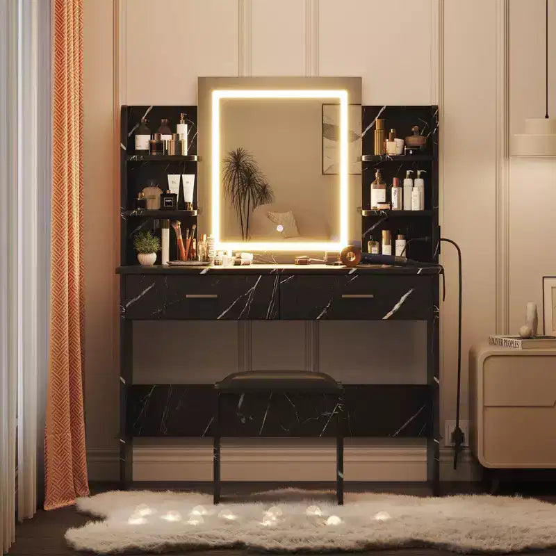 GustoWave Vanity Desk with Mirror and Lights, Makeup Vanity Set with Cushioned Stool, Power Outlet,6 Storage Shelves,2 Drawers