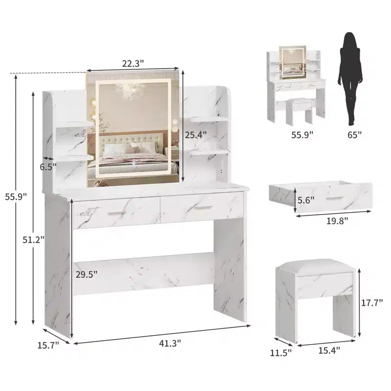 GustoWave Vanity Desk with Mirror and Lights, Makeup Vanity Set with Cushioned Stool, Power Outlet,6 Storage Shelves,2 Drawers