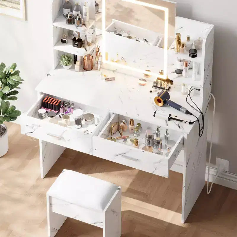 GustoWave Vanity Desk with Mirror and Lights, Makeup Vanity Set with Cushioned Stool, Power Outlet,6 Storage Shelves,2 Drawers