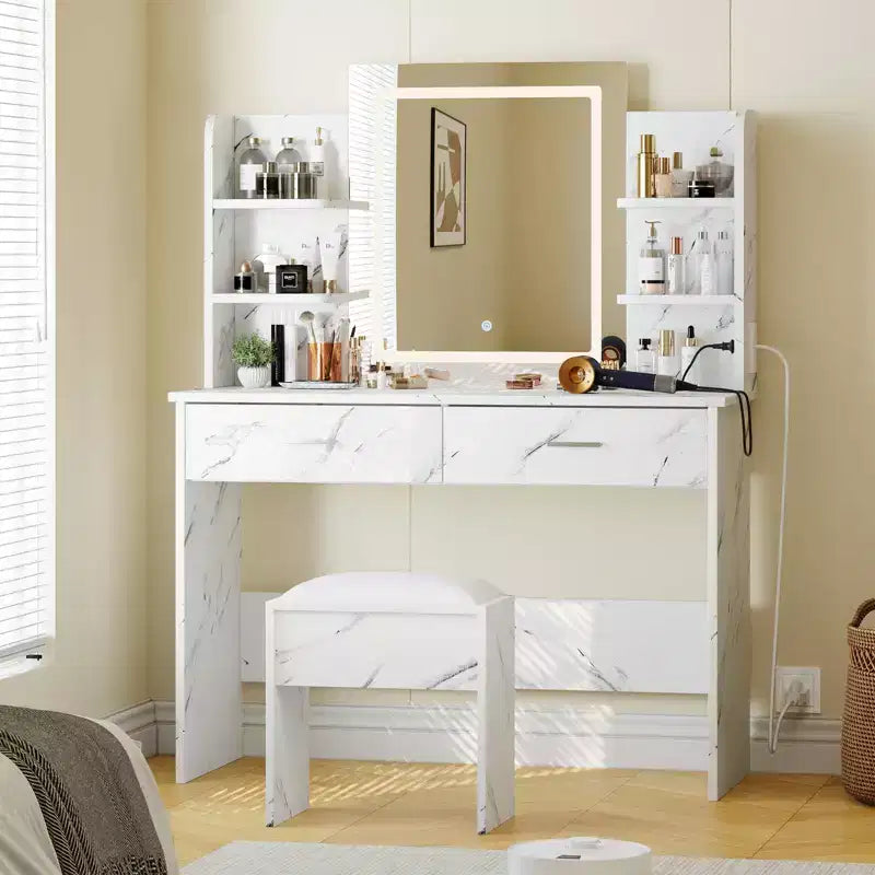 GustoWave Vanity Desk with Mirror and Lights, Makeup Vanity Set with Cushioned Stool, Power Outlet,6 Storage Shelves,2 Drawers