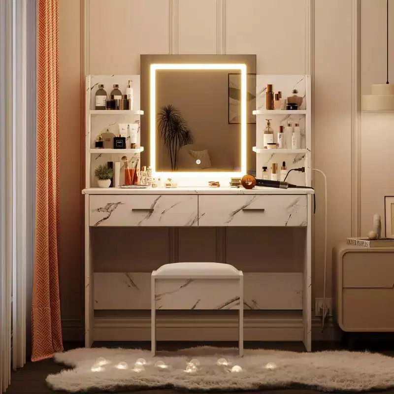 GustoWave Vanity Desk with Mirror and Lights, Makeup Vanity Set with Cushioned Stool, Power Outlet,6 Storage Shelves,2 Drawers