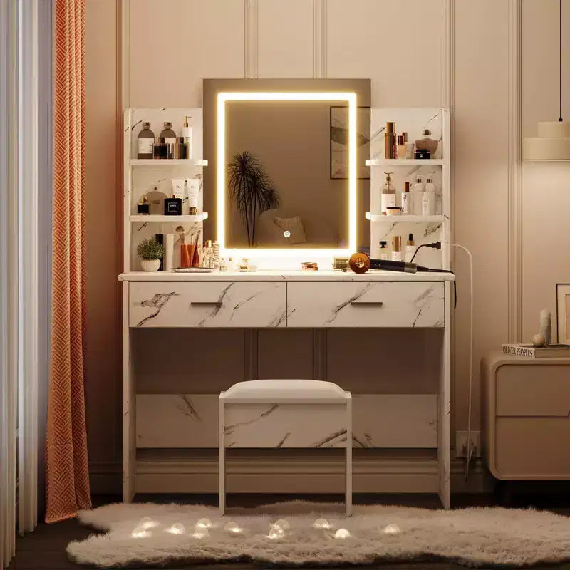 GustoWave Vanity Desk with Mirror and Lights, Makeup Vanity Set with Cushioned Stool, Power Outlet,6 Storage Shelves,2 Drawers