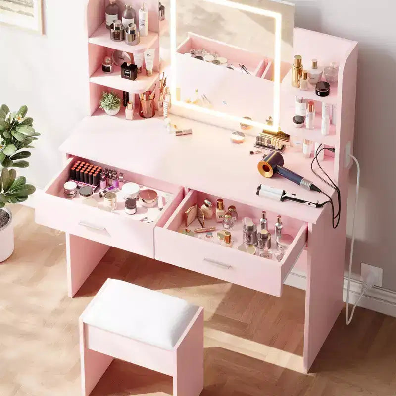 GustoWave Vanity Desk with Mirror and Lights, Makeup Vanity Set with Cushioned Stool, Power Outlet,6 Storage Shelves,2 Drawers