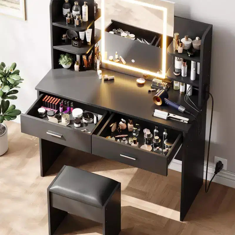 GustoWave Vanity Desk with Mirror and Lights, Makeup Vanity Set with Cushioned Stool, Power Outlet,6 Storage Shelves,2 Drawers