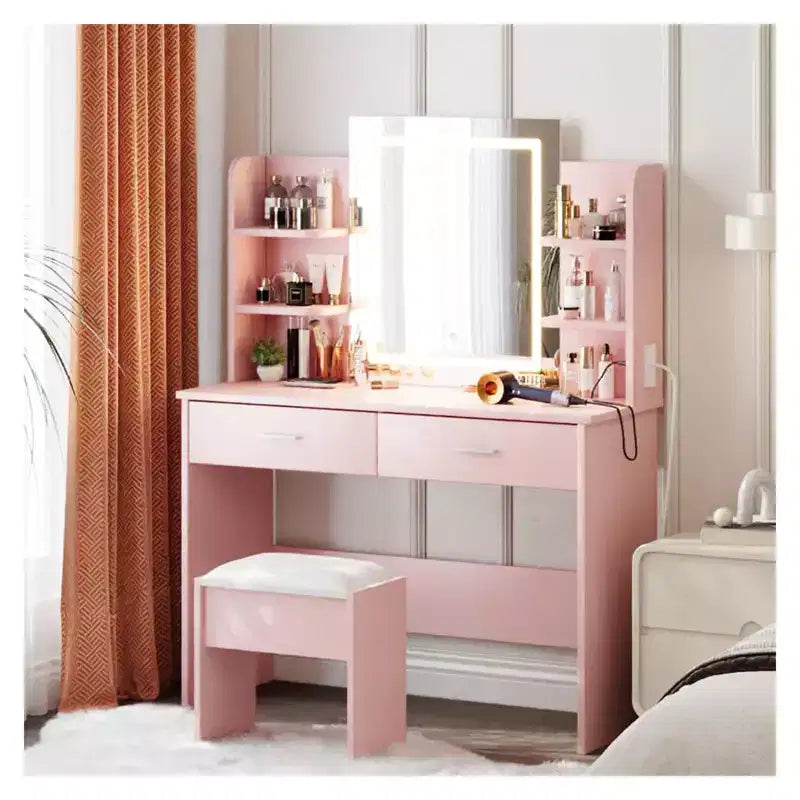 GustoWave Vanity Desk with Mirror and Lights, Makeup Vanity Set with Cushioned Stool, Power Outlet,6 Storage Shelves,2 Drawers