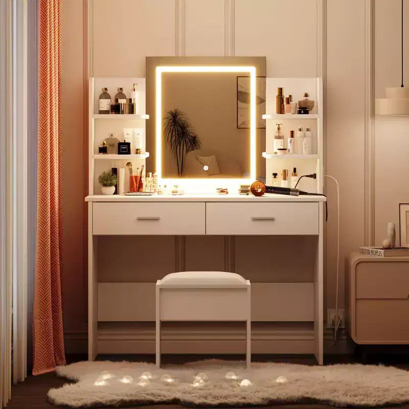 GustoWave Vanity Desk with Mirror and Lights, Makeup Vanity Set with Cushioned Stool, Power Outlet,6 Storage Shelves,2 Drawers
