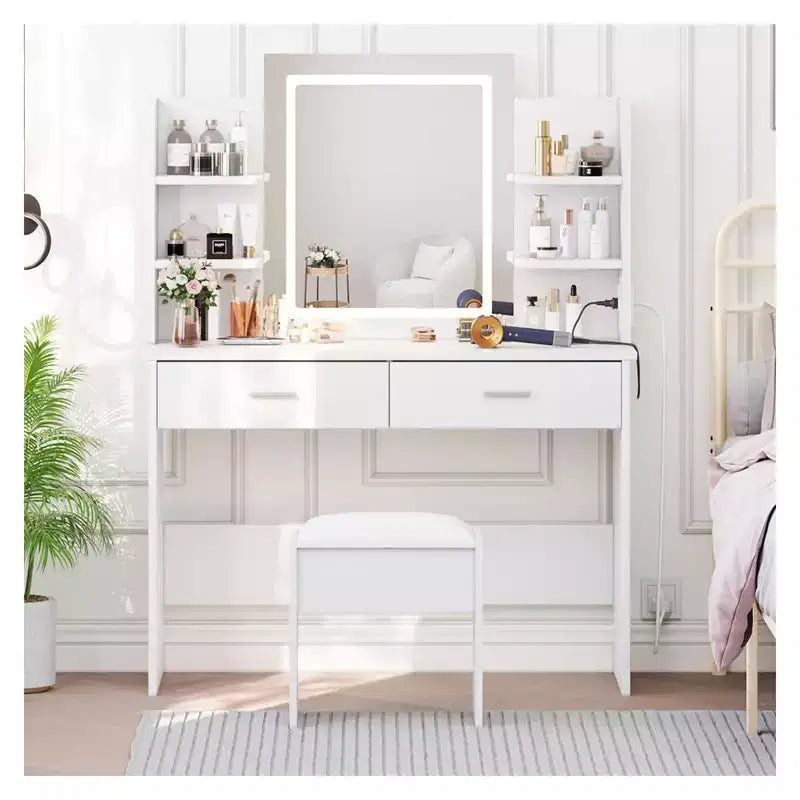GustoWave Vanity Desk with Mirror and Lights, Makeup Vanity Set with Cushioned Stool, Power Outlet,6 Storage Shelves,2 Drawers