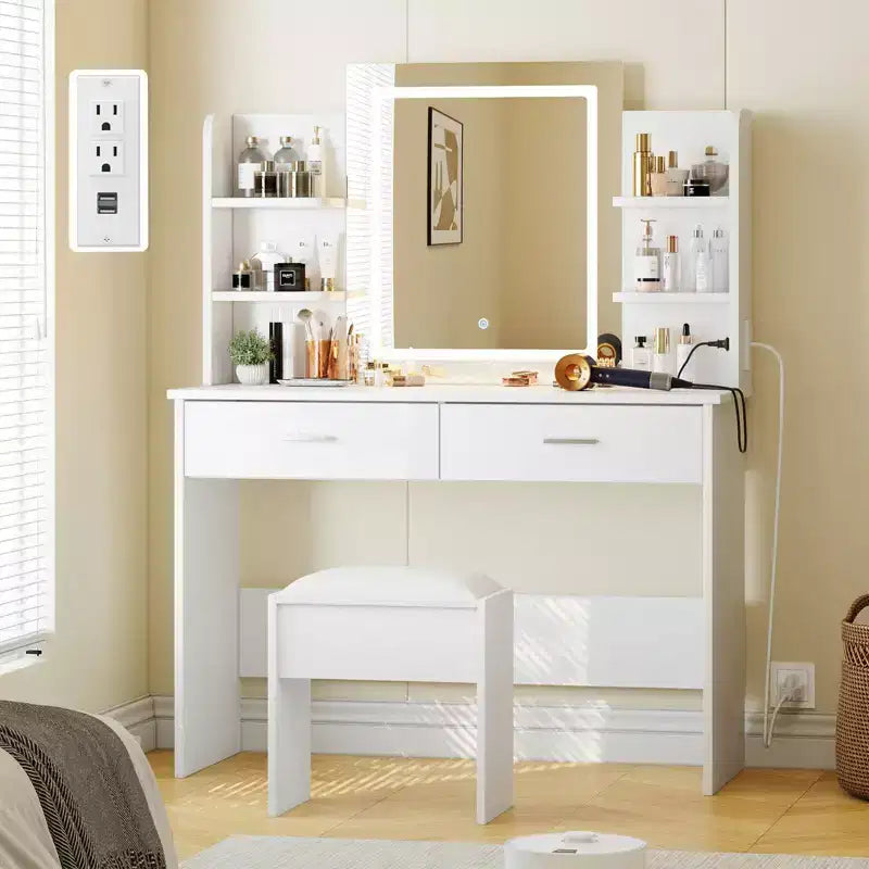 GustoWave Vanity Desk with Mirror and Lights, Makeup Vanity Set with Cushioned Stool, Power Outlet,6 Storage Shelves,2 Drawers