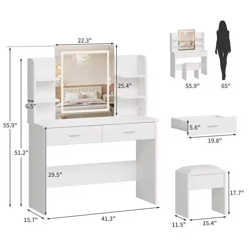GustoWave Vanity Desk with Mirror and Lights, Makeup Vanity Set with Cushioned Stool, Power Outlet,6 Storage Shelves,2 Drawers