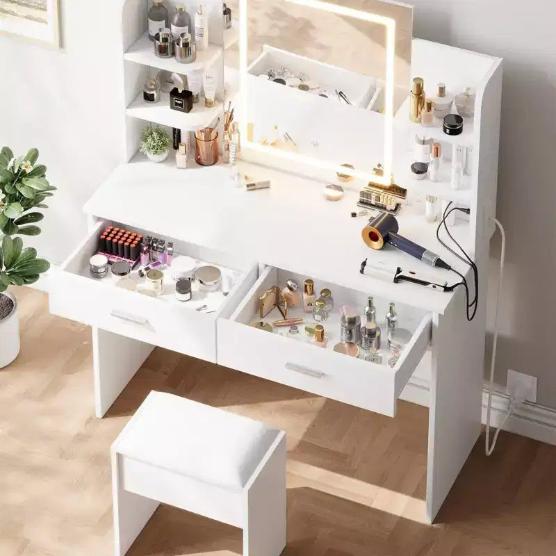 GustoWave Vanity Desk with Mirror and Lights, Makeup Vanity Set with Cushioned Stool, Power Outlet,6 Storage Shelves,2 Drawers