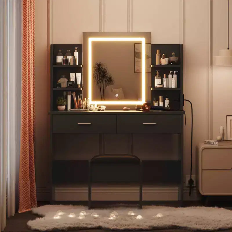 GustoWave Vanity Desk with Mirror and Lights, Makeup Vanity Set with Cushioned Stool, Power Outlet,6 Storage Shelves,2 Drawers