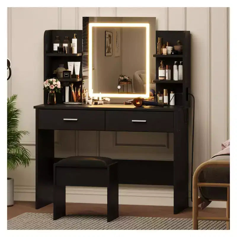 GustoWave Vanity Desk with Mirror and Lights, Makeup Vanity Set with Cushioned Stool, Power Outlet,6 Storage Shelves,2 Drawers