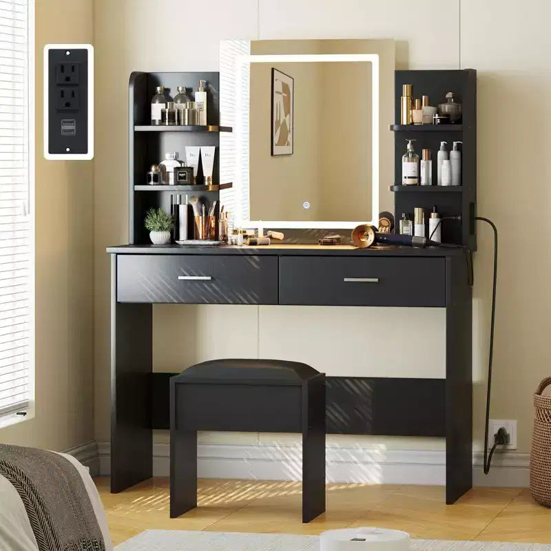GustoWave Vanity Desk with Mirror and Lights, Makeup Vanity Set with Cushioned Stool, Power Outlet,6 Storage Shelves,2 Drawers