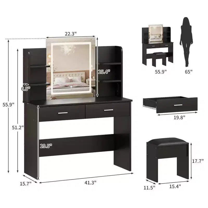 GustoWave Vanity Desk with Mirror and Lights, Makeup Vanity Set with Cushioned Stool, Power Outlet,6 Storage Shelves,2 Drawers