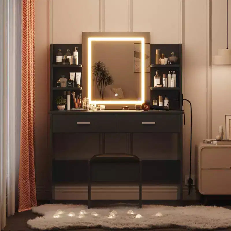 GustoWave Vanity Desk with Mirror and Lights, Makeup Vanity Set with Cushioned Stool, Power Outlet,6 Storage Shelves,2 Drawers