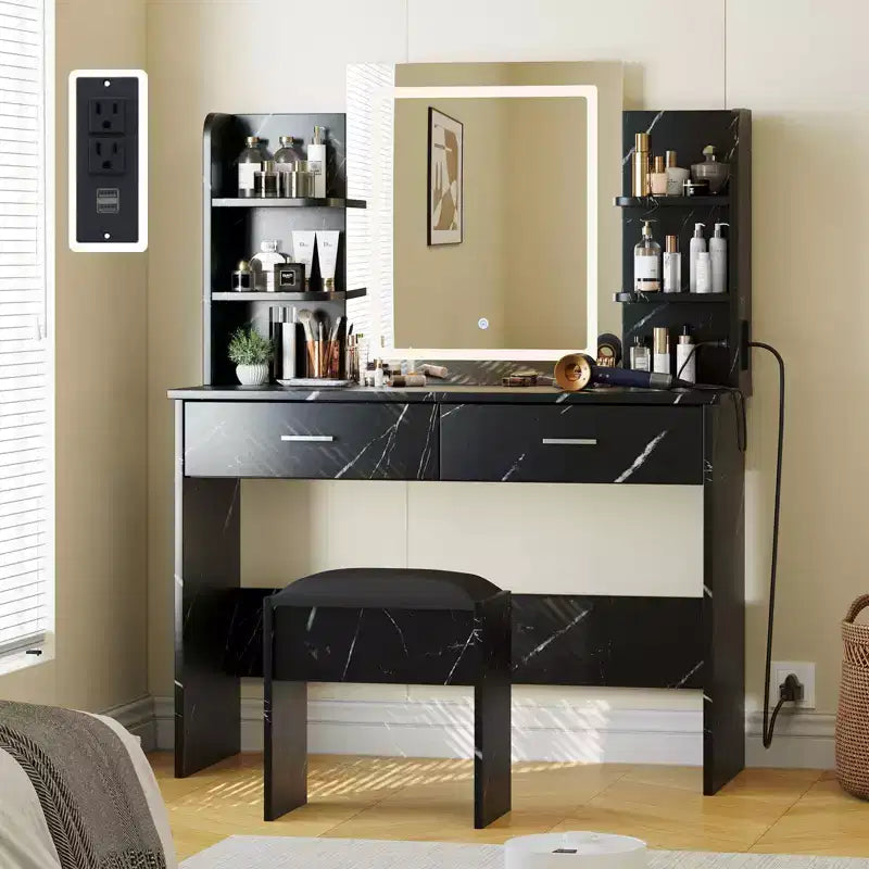 GustoWave Vanity Desk with Mirror and Lights, Makeup Vanity Set with Cushioned Stool, Power Outlet,6 Storage Shelves,2 Drawers