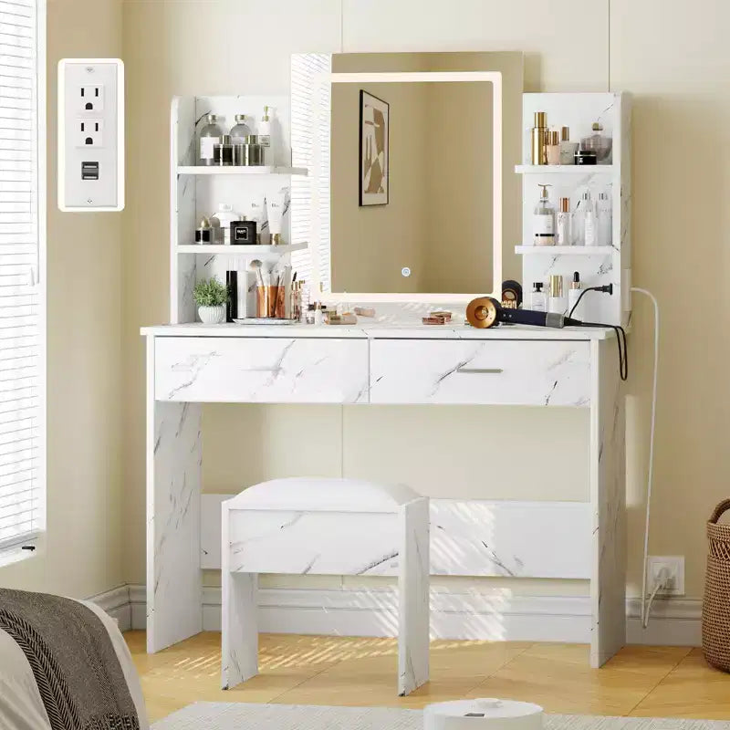 GustoWave Vanity Desk with Mirror and Lights, Makeup Vanity Set with Cushioned Stool, Power Outlet,6 Storage Shelves,2 Drawers