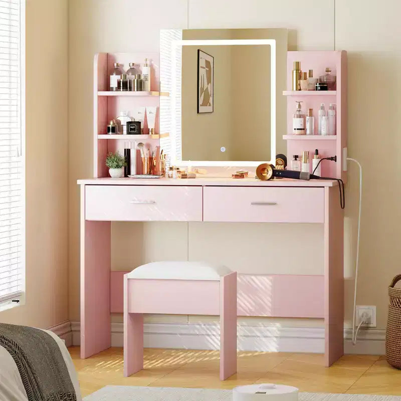 GustoWave Vanity Desk with Mirror and Lights, Makeup Vanity Set with Cushioned Stool, Power Outlet,6 Storage Shelves,2 Drawers